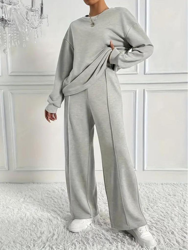 Trendy Solid Color Long Sleeve Round Neck Two-Piece Set for Women