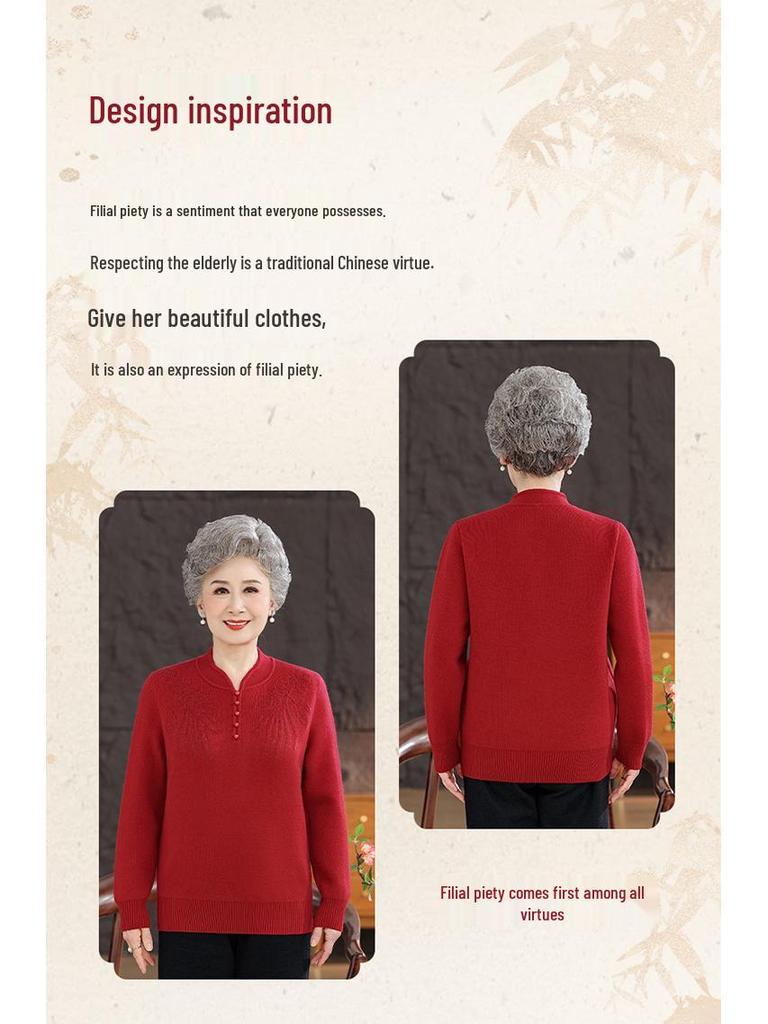 Cozy Winter Sweater for Elderly Women: Velvet-Lined, Half-High Collar, Stylish Base Layer for Autumn.