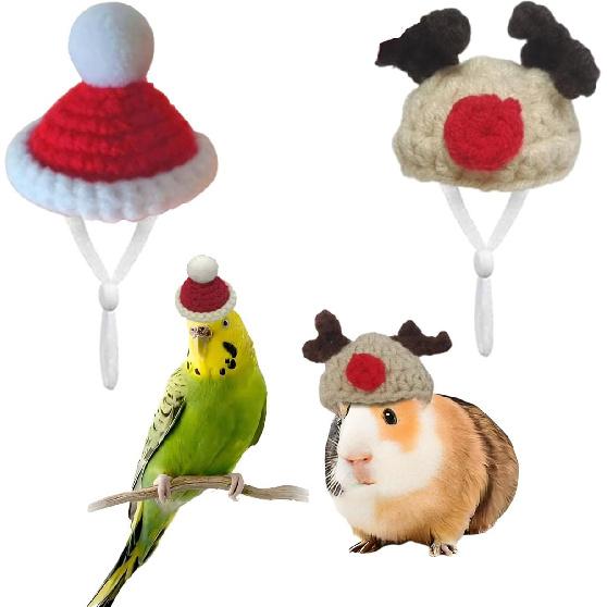 Hamster Hat with Adjustable Strap, Cute Small Animals Hat, Mini Hand Knitted Hats for Small Pets Parrot Bearded Dragon Guinea Pig Bunny (Christmas)