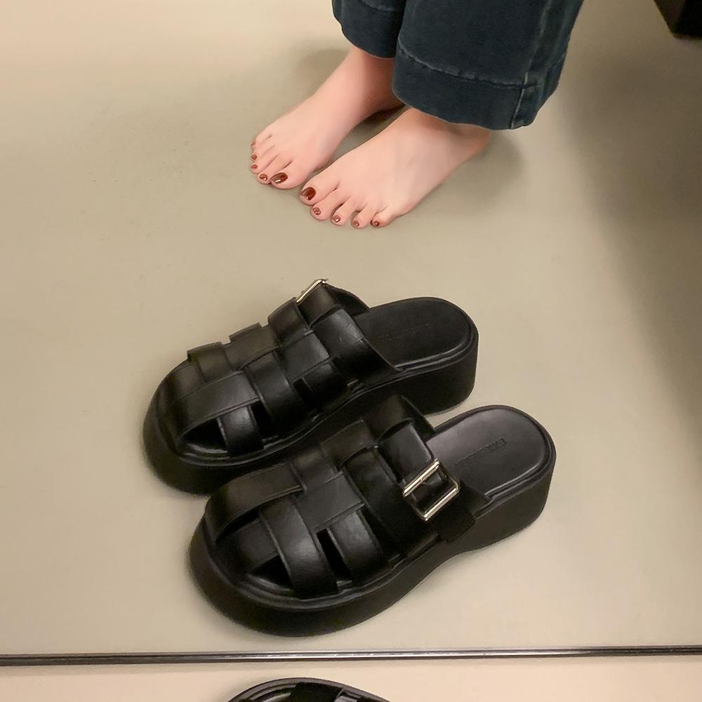 

Baotou half slippers women s summer wear new retro woven hollow thick-soled cold slippers 40 чёрный