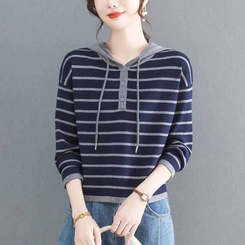 Women S Loose Fit Hooded Striped Pullover Knit Sweater Casual Top
