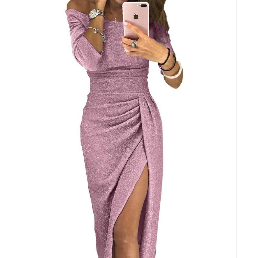Women's Off-Shoulder Long Sleeve Ruched Slit Glitter Evening Dress