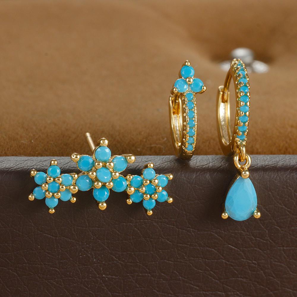 Vintage Blue Turquoise Water Drop Hoop Earring Set For Women Geometric Stainless Steel Flower Piercing Earring Christmas Jewelry