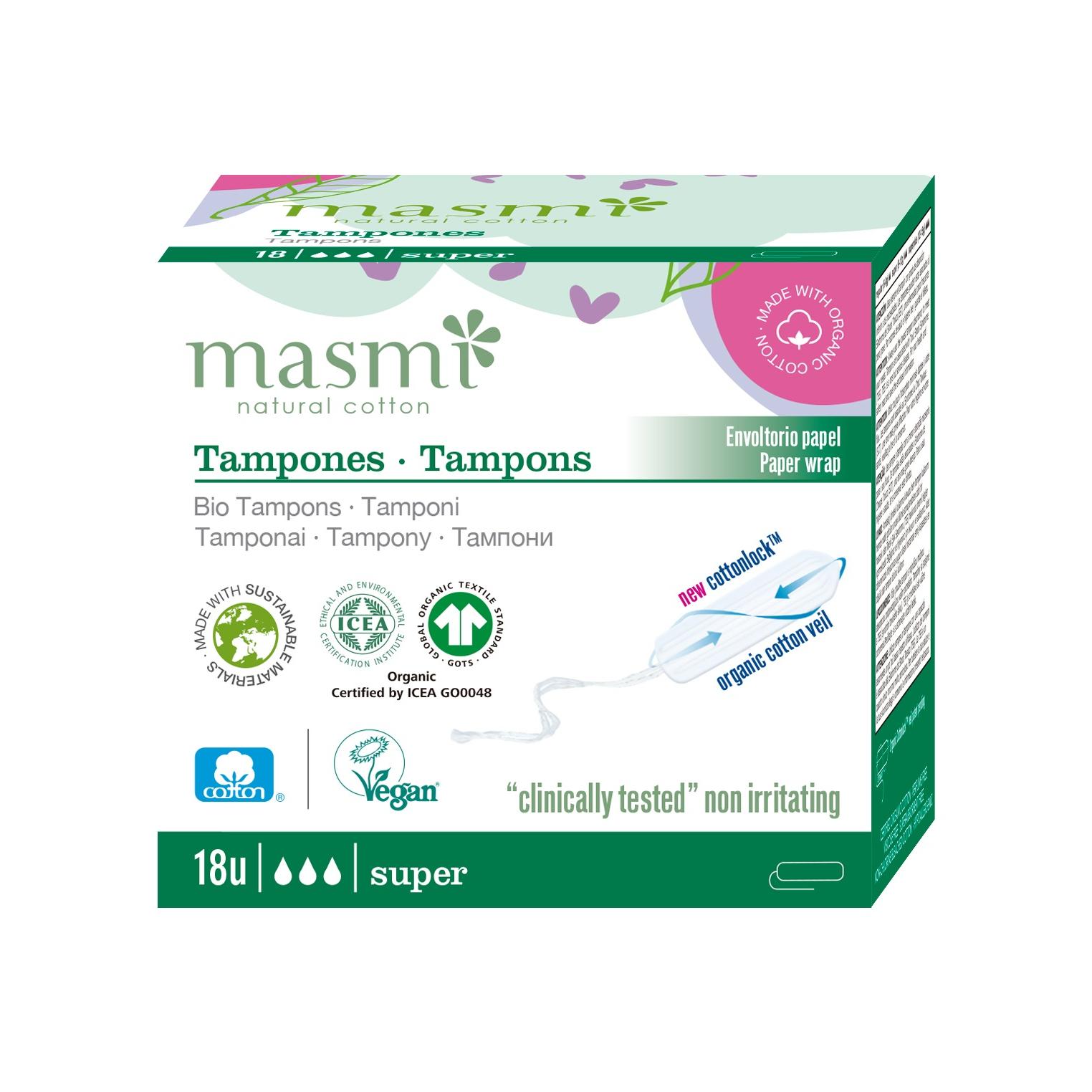 

Органические тампоны Super без аппликатора Masmi 18 шт.