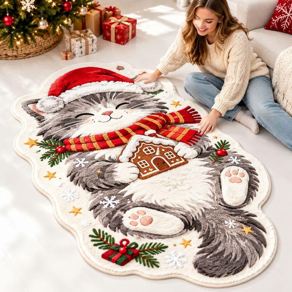 Soft Plush Cartoon Doormat Carpet Christmas Theme Pattern Cat Shaped Mat Entryway
