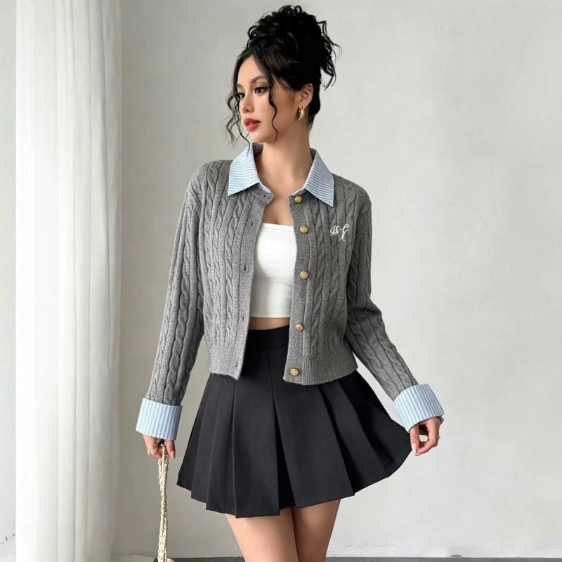 Womens College Style Cropped Knit Cardigan With Polo Collar Cable Embroidery Slim Fit Long Sleeve