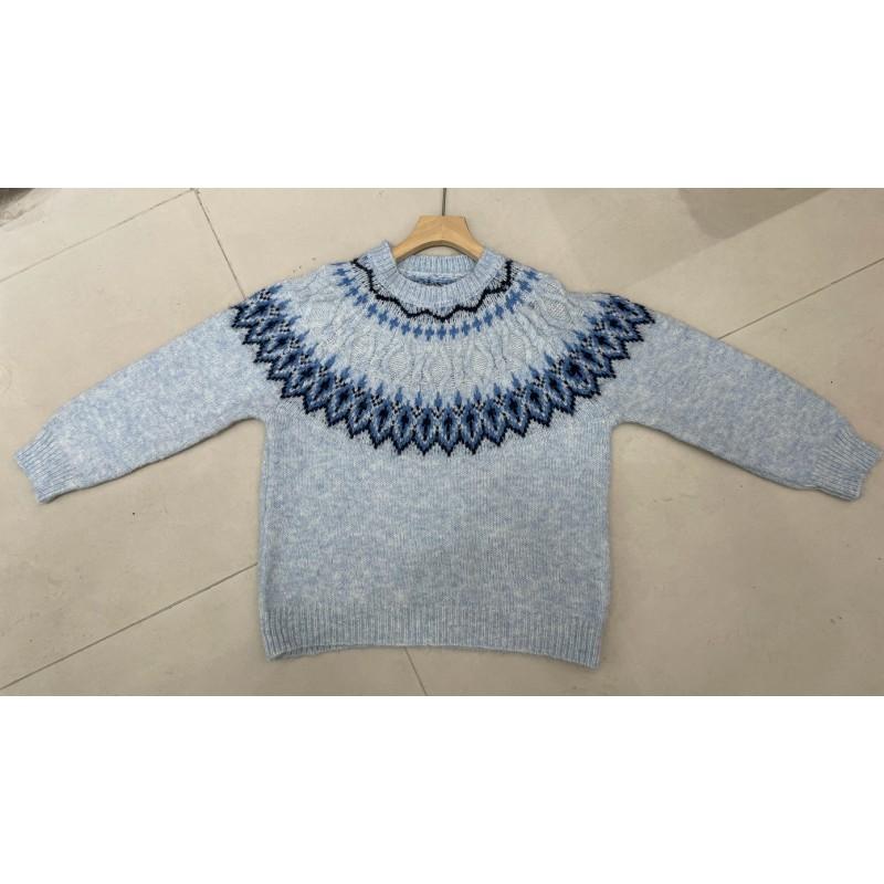 Womens Oversized Crewneck Knit Sweater With Fair Isle Colorblock Soft Acrylic Blend Loose Fit Winter