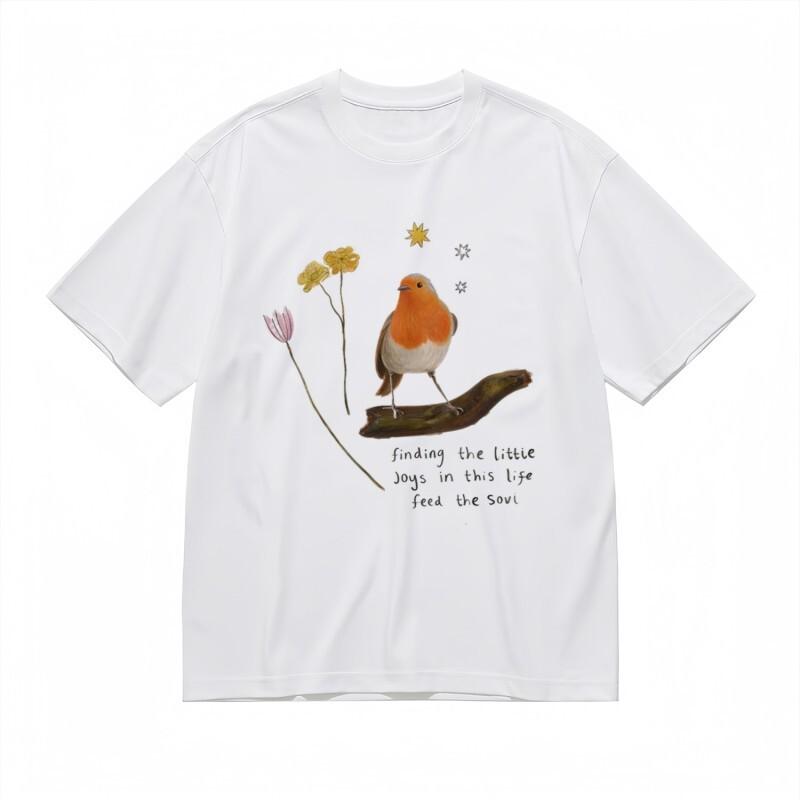 

Women s Trend Classic T-Shirt Red-Breasted Bird with Blossom Motif Design Tee 4XL
