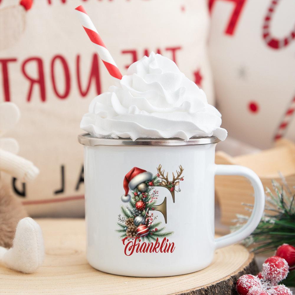 Personalisierte Tasse mit individuellem Namen 26 Buchstaben Emaille Weihnachtsbecher, Geschenk für sie, Weihnachts-Kaffeetasse, Frohe Weihnachten Geschenk