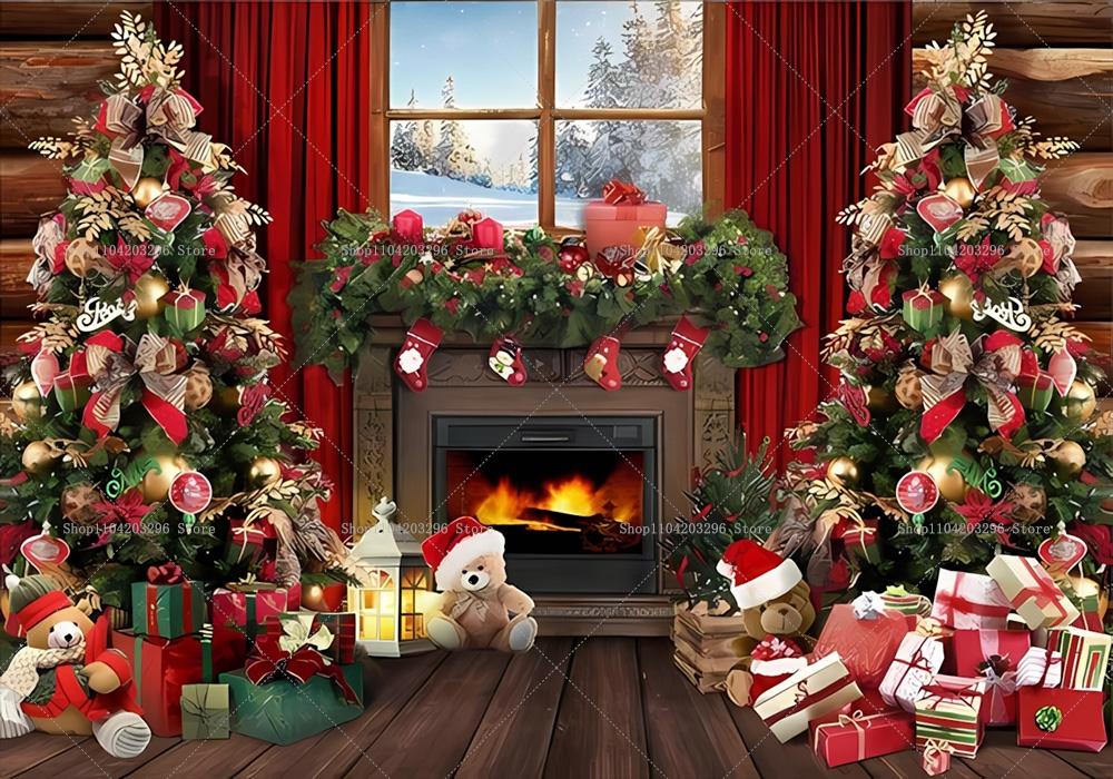 Winterfenster Weihnachten Kulisse Kamin Weihnachtsbaum Geschenke Teddybär Navidad Party Dekoration Kinder Porträt Fotografie Hintergrund