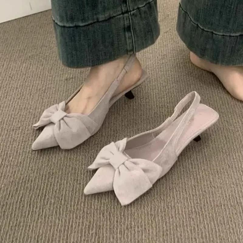 Bow Women Sandals Elegant Pointed Toe Mid Heeled Shoes Sexy Slingback Slippers 2026 Summer Pumps Fashion Luxury Sandalias Mujer