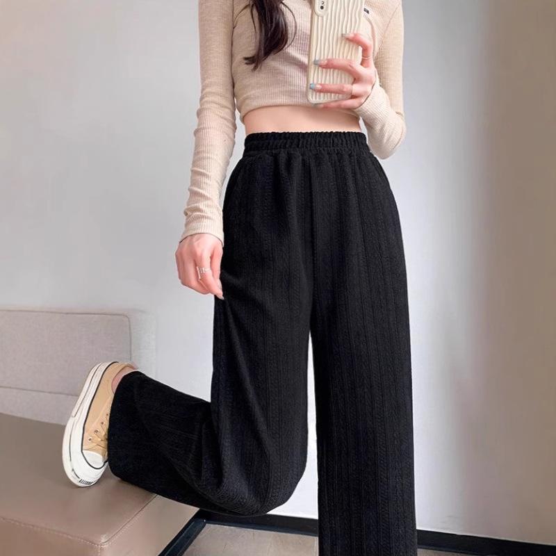 Women's White High Waist Wide-Leg Pants - Spring/Fall/Winter Slimming Knit with Wheat Ear Design.