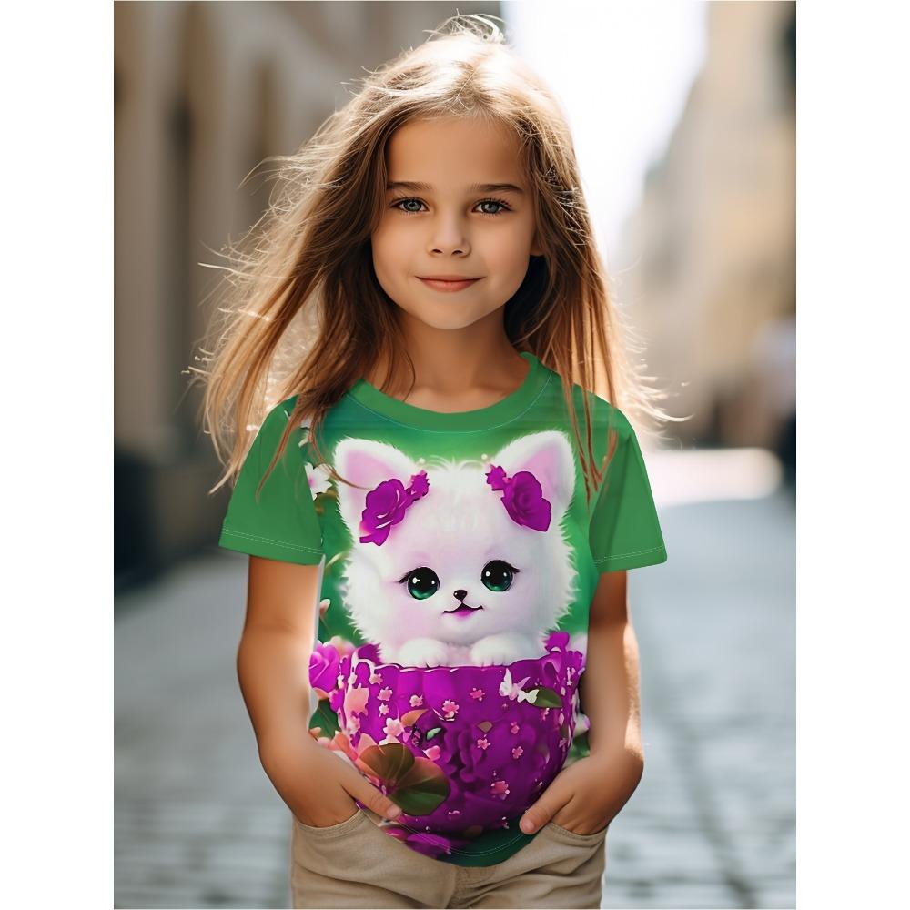 Kids Clothes Cute Cat Graphic T Shirts Short Sleeve Tops Summer Children's T-Shirt Crew Neck Child T-Shirt Cartoon Child T Shirt