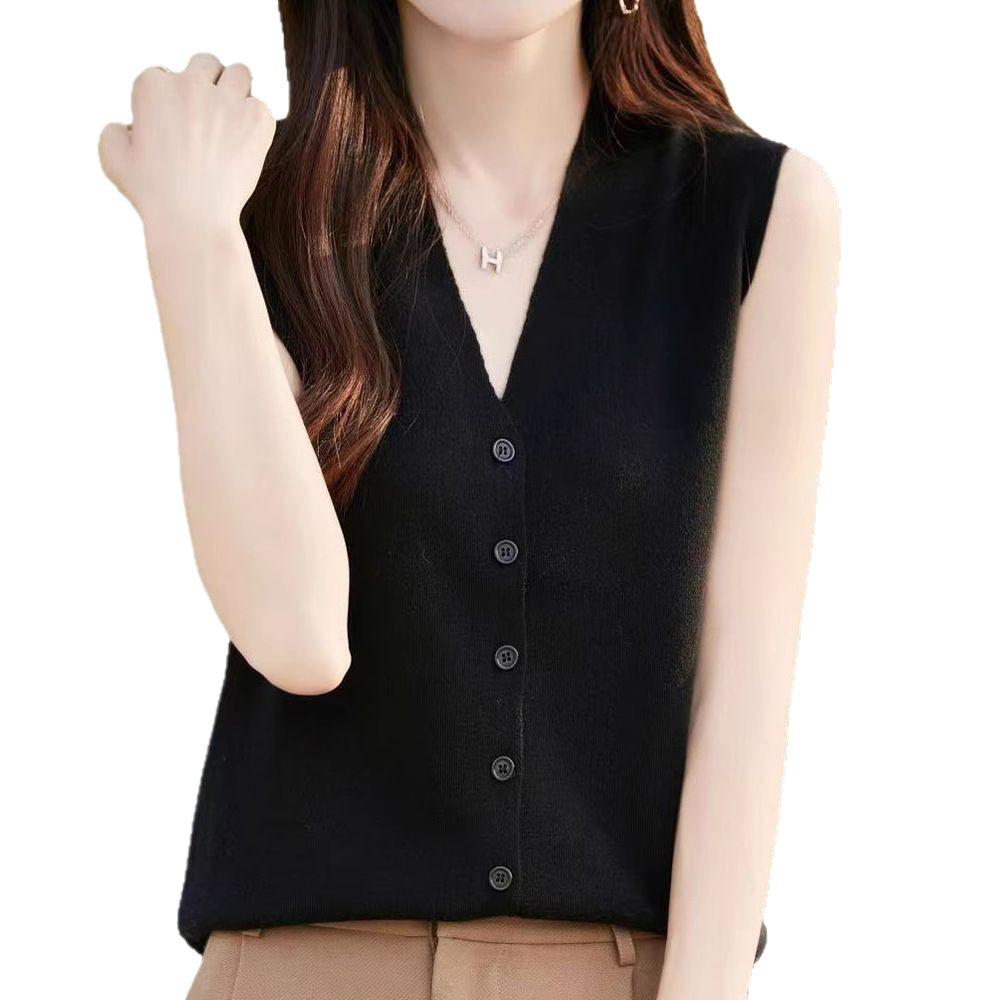 2025 Summer Women's Ice Silk Sleeveless Cardigan Vest with Buttons