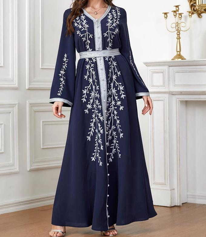 

ZD074 Узкое платье в европейском и американском мусульманском стиле с вышивкой и длинными рукавами XXL темно-синий