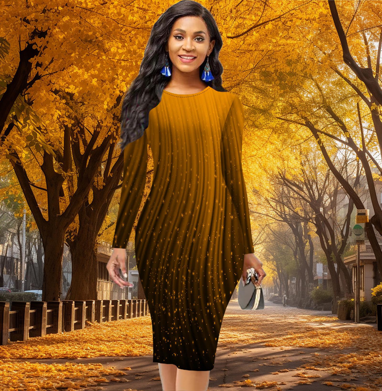 

Long Sleeve Waist Tight Office Slim Fit Colorful Flowing Light Printing Elegant Bodycon Dress 8XL помаранчевий