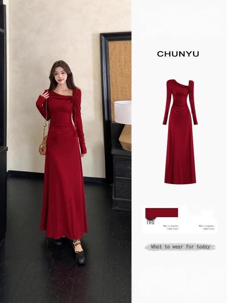 Elegant Young Lady's Chic Early Autumn & Winter Red Dress - New Year Collection