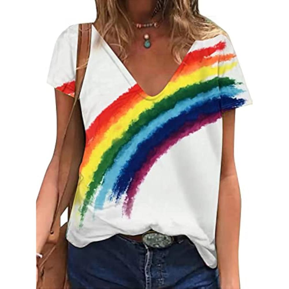 Camisetas Con Estampado 3D De Corazón De Arcoíris Para Mujer, Camiseta Informal De Manga Corta Con Cuello En V Y2k Harajuku LGBT Pride, Ropa Femenina
