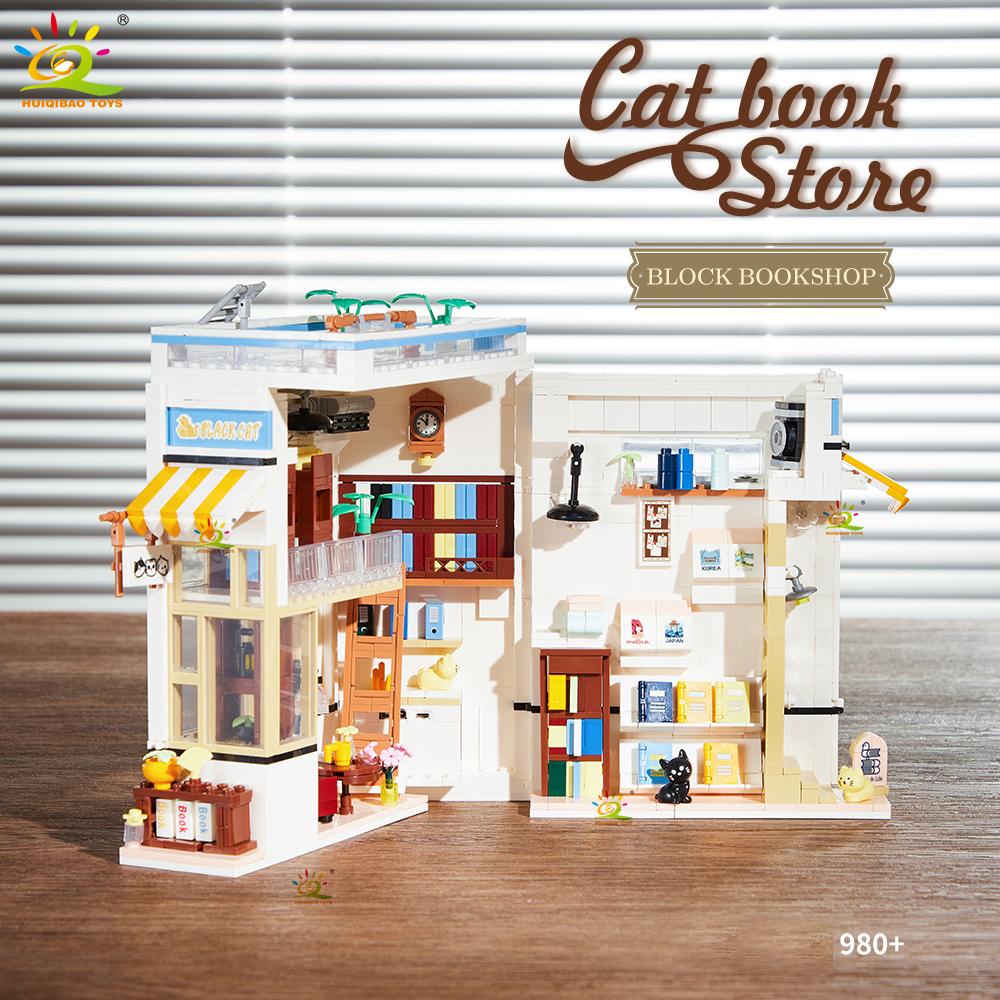 Non-Toxic Moc Cat Cafe Shop Bookends Model Micro Building Block Bookstore Flower Shop Mini Brick Toy For Children Desk Decor.