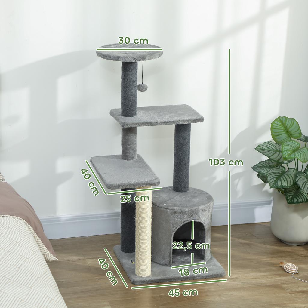 Cat Tree, 103 cm, Platforms, Plush House, Sisal Posts, Grey