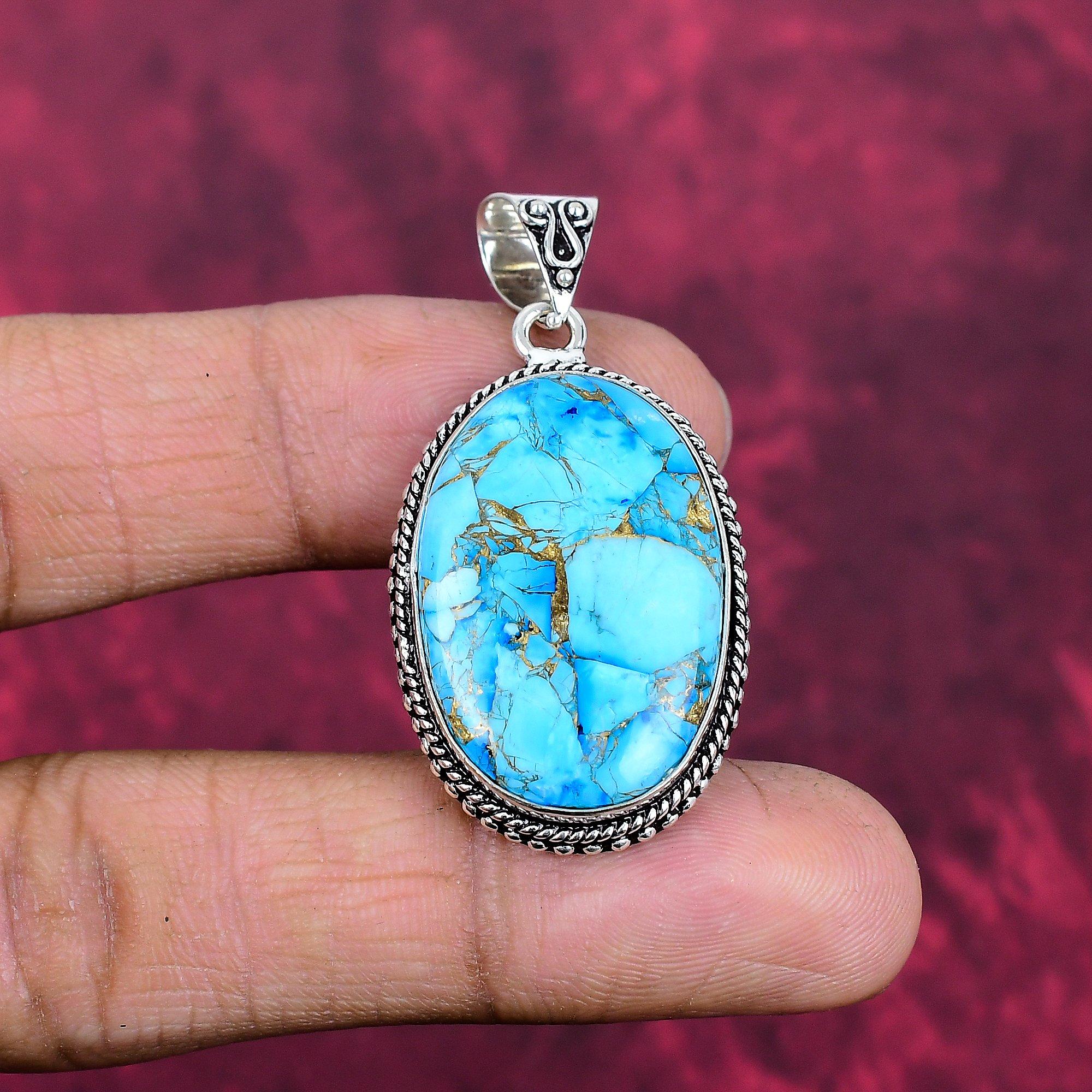 

Підвіска з дорогоцінним камінням ручної роботи з блакитної міді та бірюзи, підвіска з твердого срібла 925 проби, антикварні ювелірні вироби, для подарунка на заручини 1.77 Inches