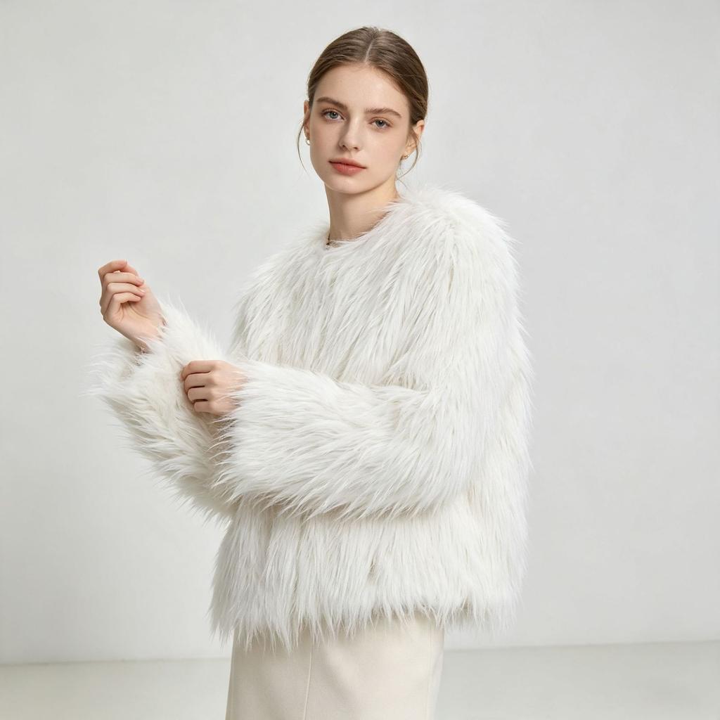 European and American style autumn and winter new fashionable and elegant round neck imitation fur effect winter coat imitation fur short