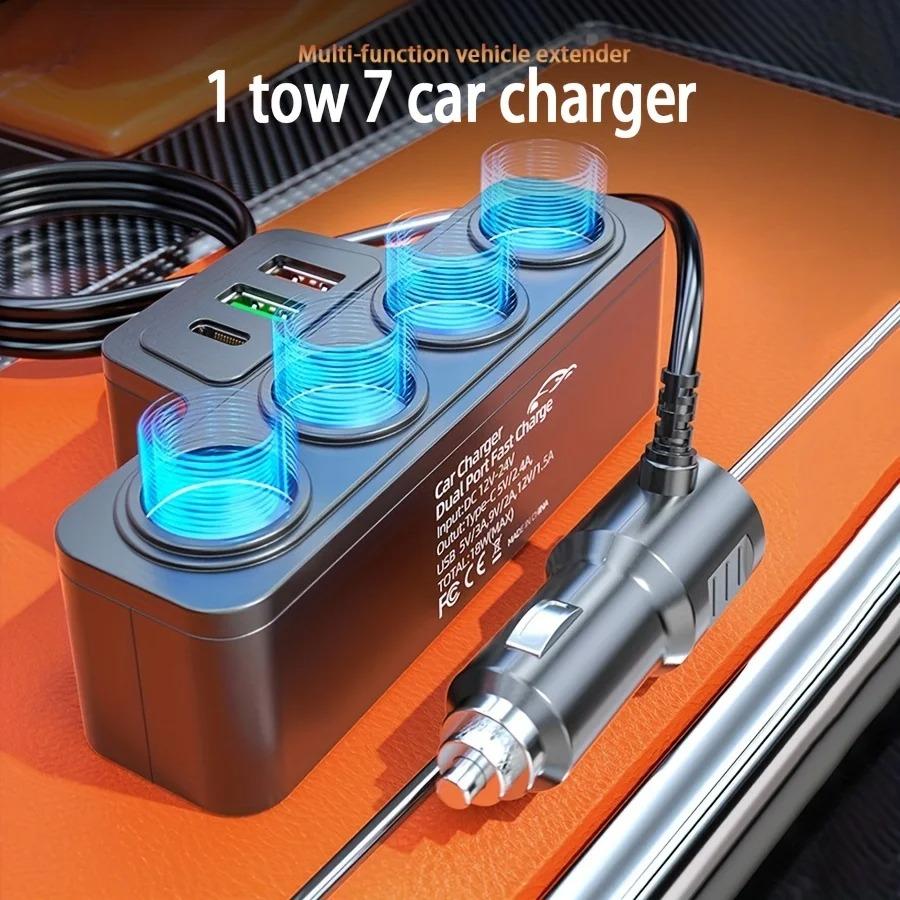 7-in-1 Car Charger Splitter with 4 Sockets and USB/PD Ports, 12–24V Fast Charging Adapter with Safety Fuse and Long Cable