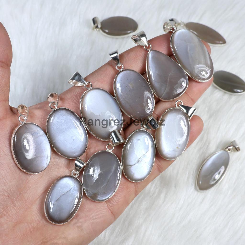 Gray Moonstone Gemstone Pendant Natural Gray Moonstone Pendant Necklace Healing Crystal Cabochon, Hand Polished Gemstone Pendant Gift For Her