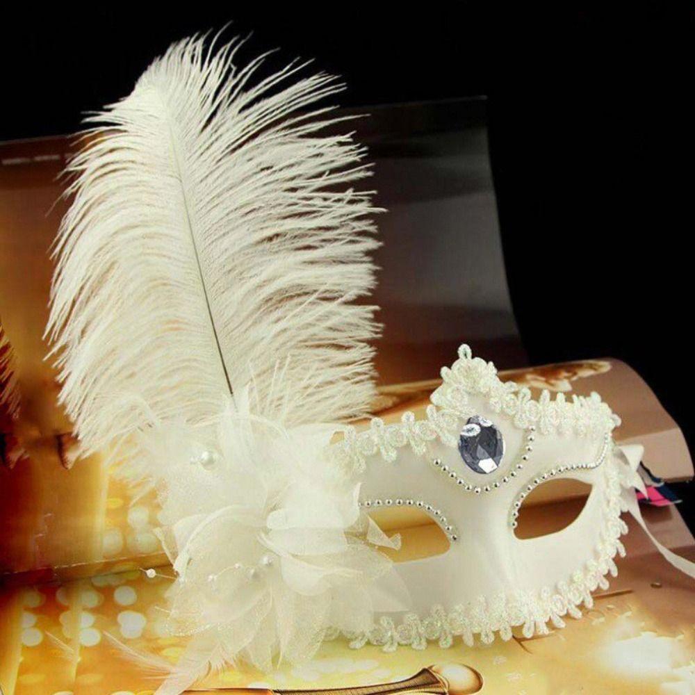 Flower Half-Face Mask Rhinestone Masquerade Ball Mask Fancy Feather Mask Makeup Festival