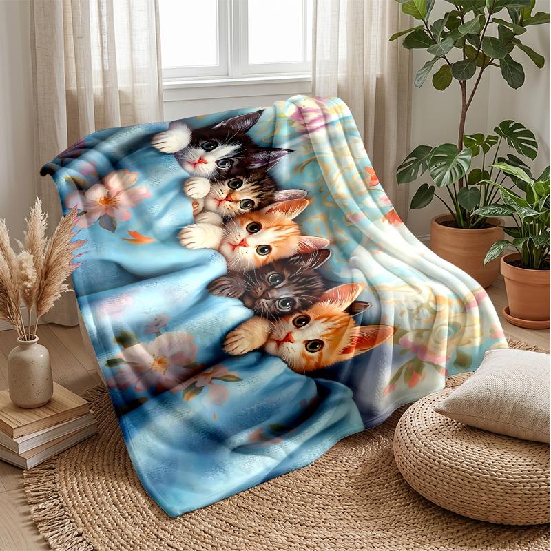 Floral Kittens Dreamscape Theme blanket Lightweight Warm Flannel Blanket Decorative Throw Blanket for Home Decoration