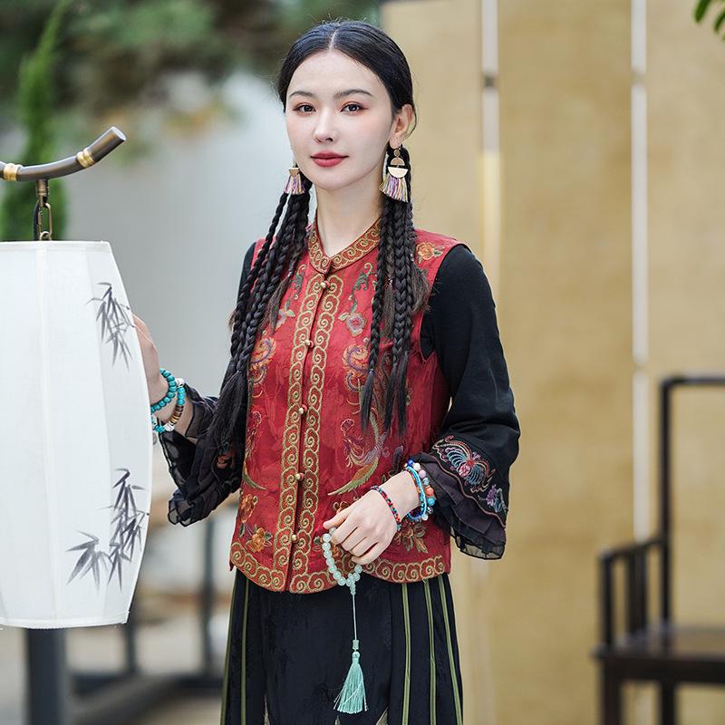 

Женский этнический жилет с вышивкой в виде цветов, воротник-стойка, весна/лето 2025 M