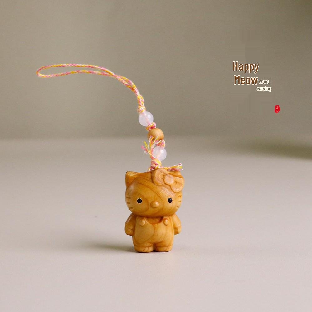 Beech Wood Cat Phone Charm & Keychain - Handmade Cute Bag Accessory