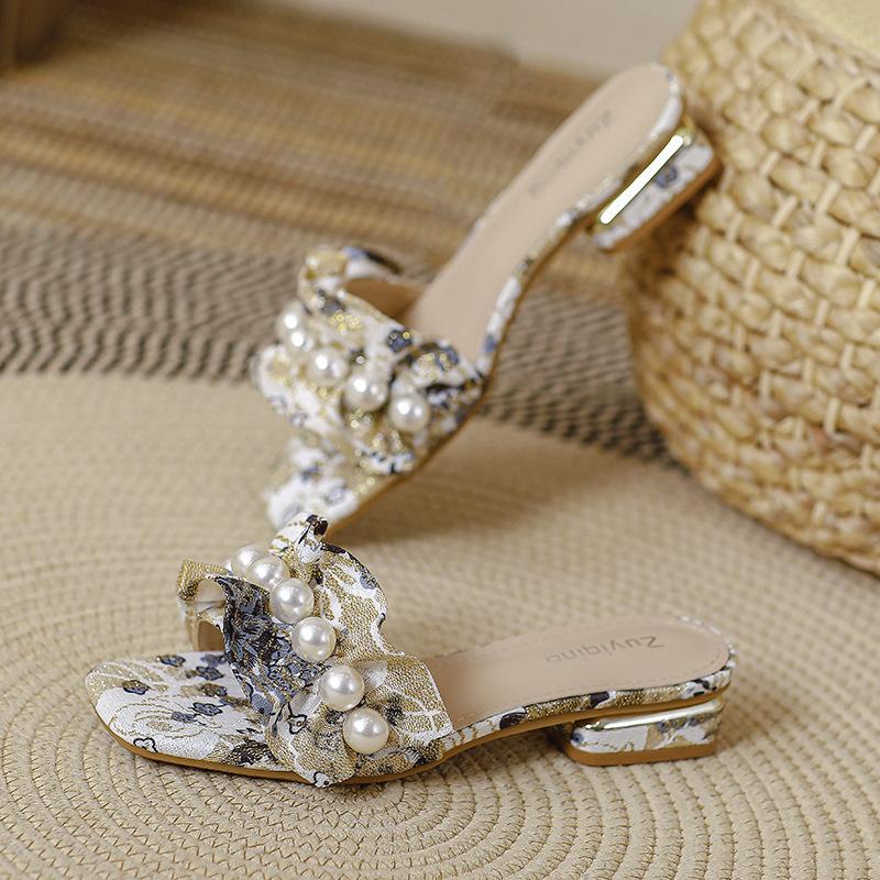 Fashion embroider ruffles low heel slippers women pearl beading flip flops mixed color printing slides sandalias de tacón big size 43