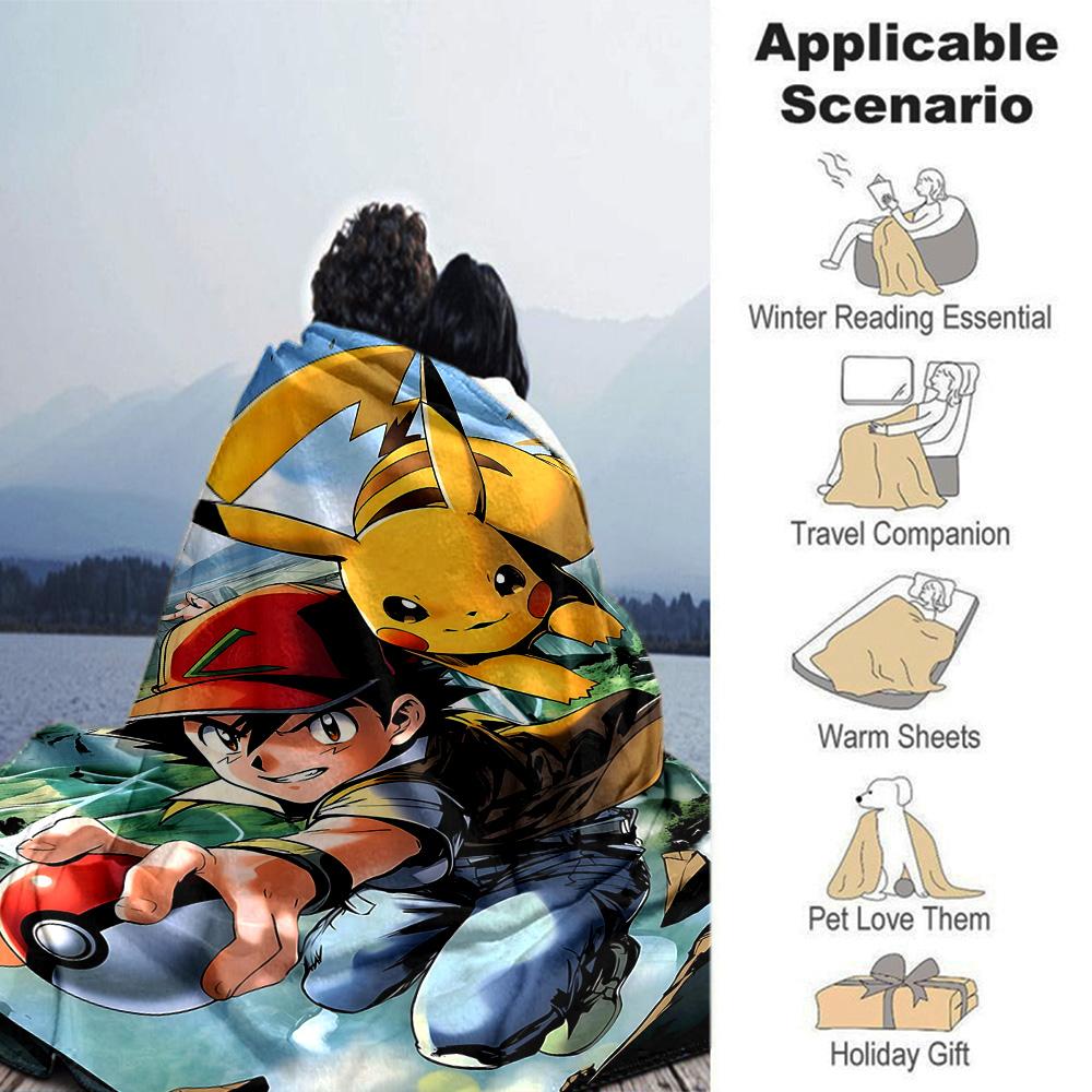Pikachu Trainer Adventure Flannel Blanket Super Soft Warm Cozy Blanket For Sofa Bed Office Travel Allseason Home Decor Gift