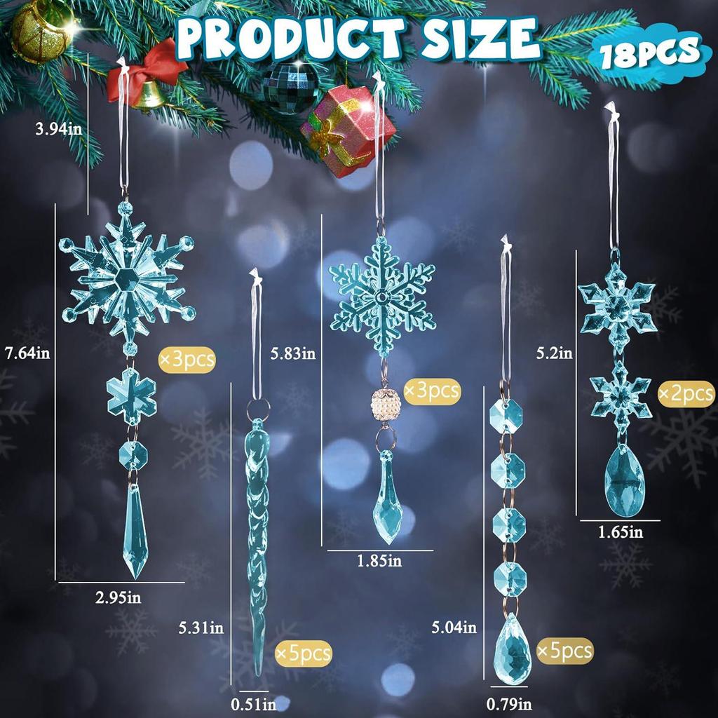 18-Piece Christmas Tree Decoration Set: Crystal Snowflakes & Icicle Ornaments
