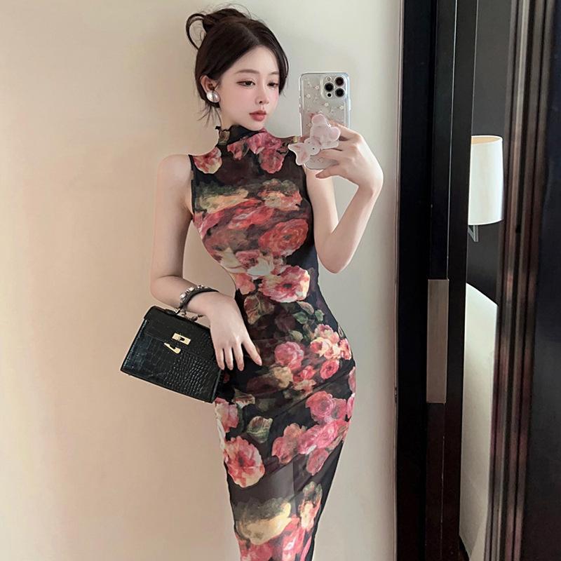 Women's sexy printed mesh stand-up collar retro long dress