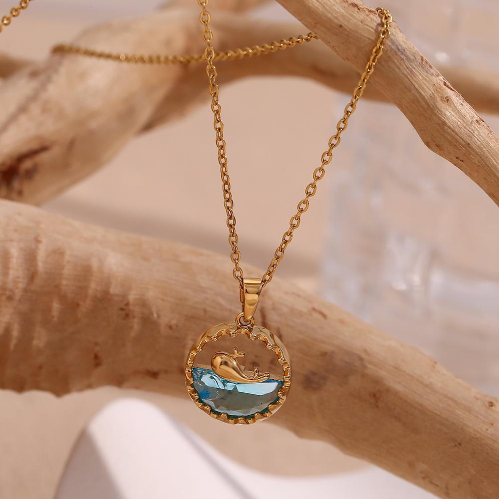 MamacitaSlay Cute Sea Spray Blue Whale Surrounded By Mountain Round Pendant O-Chain Stainless Steel Necklace Woman Jewelry Gift