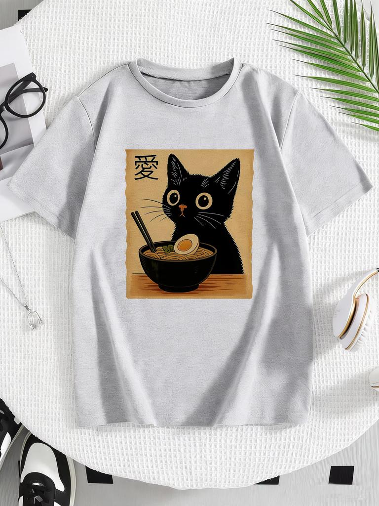 Retro Cat Kawaii Design Oil Print T Shirts Pure Cotton Unisex and Women Tshirt Casual 2026 Summer Spring Casual Top Tee