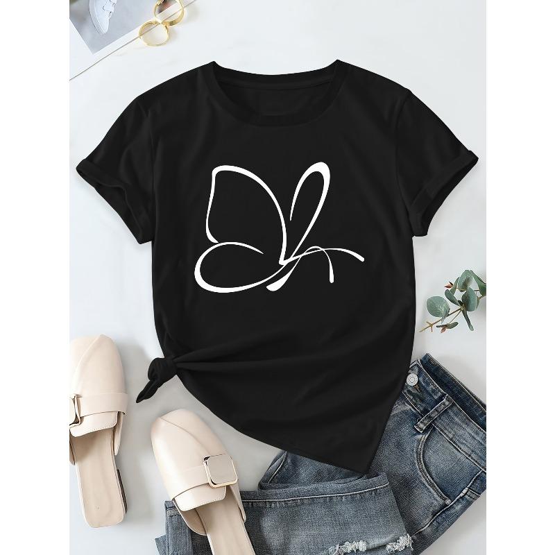 

European Size Women s Butterfly Print Casual T-Shirt - Soft Round Neck Short Sleeve Top, Machine Washable Spring/Summer Everyday Essential 4XL чорний