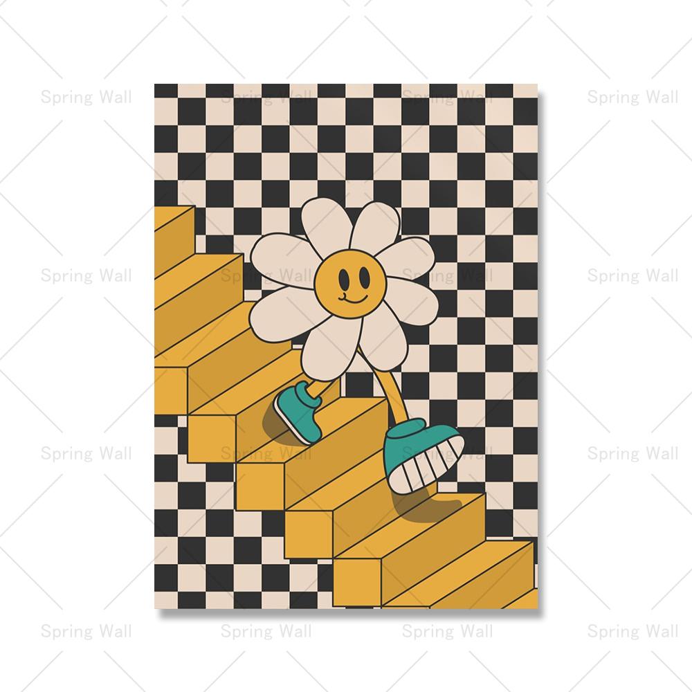 Laughing Smiling Flowers Cartoon Poster Retro Groovy 70s Style Wall Art Pictures Trendy Hippie Canvas Painting Living Room Decor