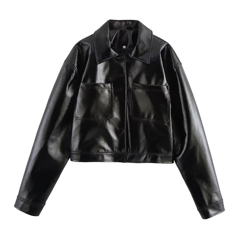 Kaslead New Arrival Women's Clothing Fashion Style Fashion Polo Collar Long Sleeves Imitation Leather Casual Jacket Coat 5063850