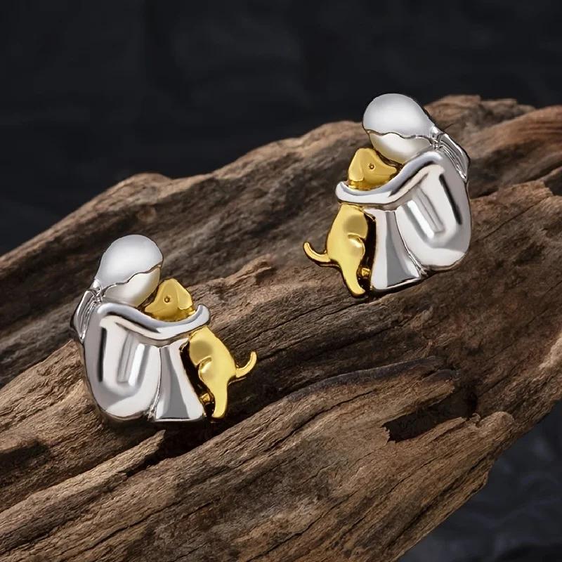 Modny dwukolorowy zestaw biżuterii dla małej dziewczynki i psa: kolczyki, naszyjnik. Urocze małe dziewczynki, szczeniaczki, wisiorki, naszyjniki, biżuteria ze zwierzętami domowymi.