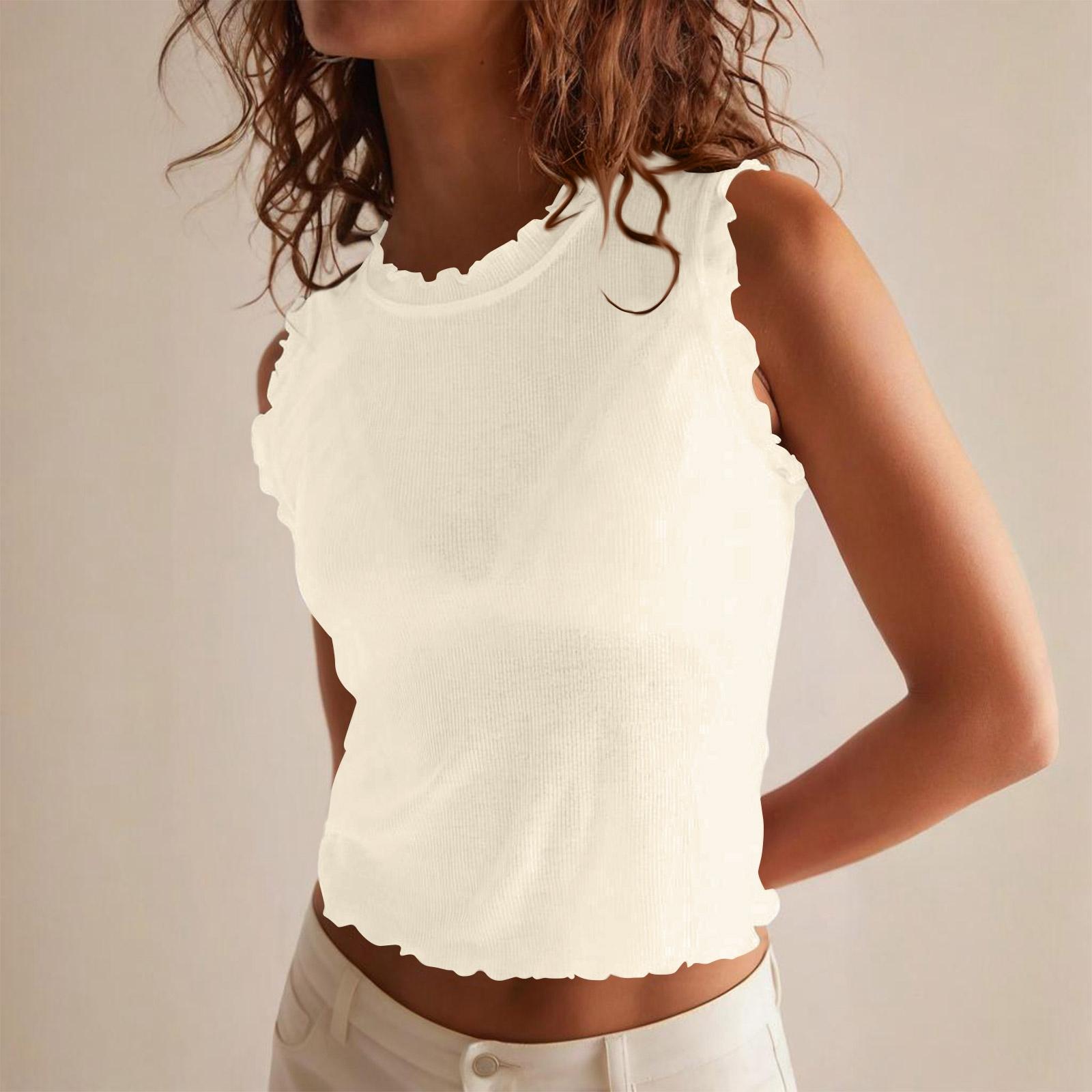 Women Sleeveless Ribbed Knit Tank Top Crew Neck Ruched Detailing Casual Fitted Blouse Summer Lightweight Shirt L бежевый