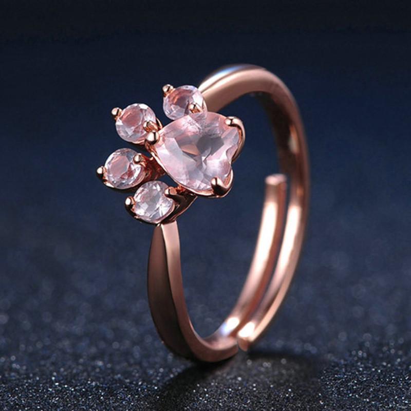 Cute Cat Claw Opening Ring Women Rose Gold Crystal Footprint Plated Adjustable Ring Romantic Wedding Love Ring Jewelry