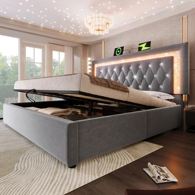Cama tapizada 180x200 cm terciopelo con tira LED de diamantes, estación de carga USB y Tipo-C, almacenamiento, somier de lamas, gris (sin colchón)