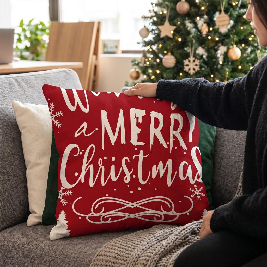 Christmas Covers with Letters and Snowflake Digital Print, Linen Cushion Cases for Sofa and