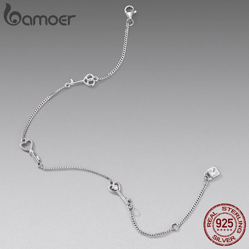 Bamoer 925 Sterling Silver Hollowed Heart Chain Bracelet Adjustable Key Lock Charm Link Chain for Women Minimalist Wrist Decor