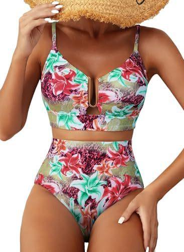 Women's High Waist U-Line Bikini Set Floral Print Swimsuit Cross Back Swimming
