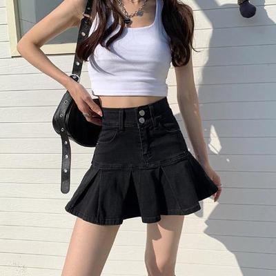 Czarne spódniczki dżinsowe damskie Mini wysokiej talii plisowane spódnice letnie ubrania damskie seksowne krótkie spódniczki koreańskie modne dna Streetwear