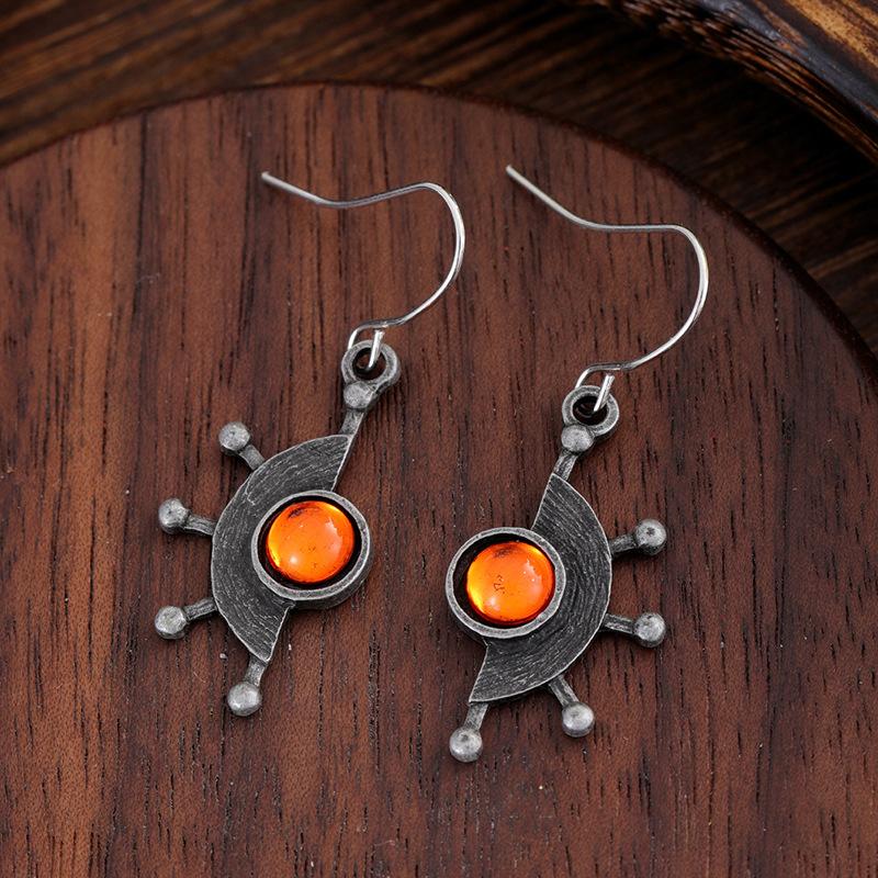 Vintage Silberfarbene Runde Schnitzerei Gelber Stein Hängeohrringe für Damen Schmuck